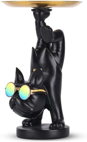 Resin Black Bulldog Statue with Tray for Keys and Jewelry