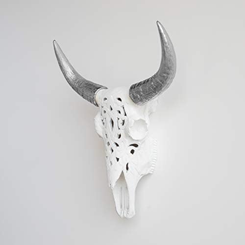 Faux Taxidermy Decorative Bison Skull White Silver