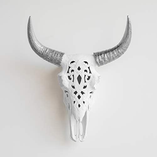 Faux Taxidermy Decorative Bison Skull White Silver