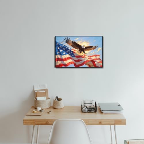 Framed American Flag Wall Art with Eagle Modern Canvas Decor