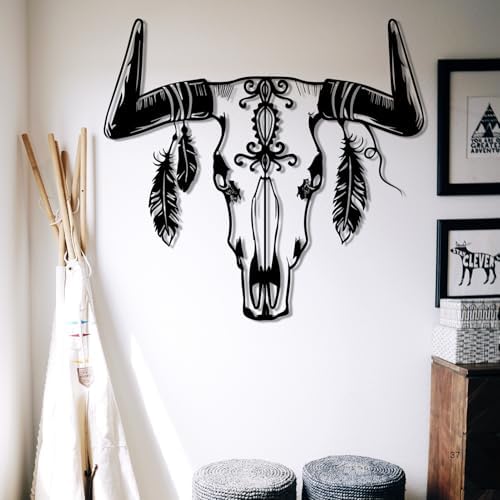 Aztec Cow Skull Wall Ornament - 19x17 Metal Decor