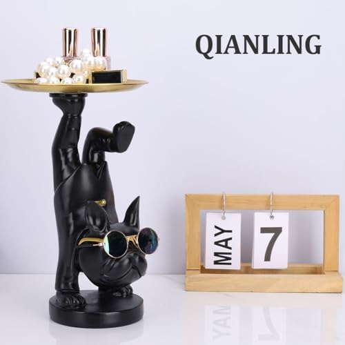 Resin Black Bulldog Statue with Tray for Keys and Jewelry