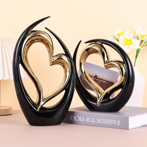 Ceramic Black Double Heart Statue - Elegant Wedding Decor