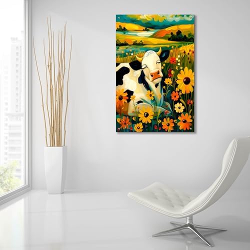 Whimsical Meadow Cow Serene Countryside Acrylic Wall Art 24x36