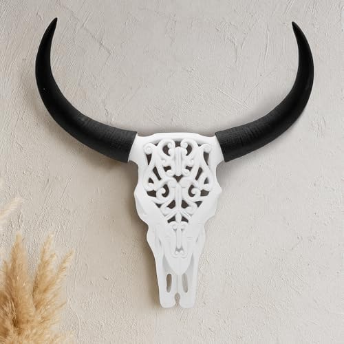 White Tribal Cow Skull Wall Decor with Black Horns