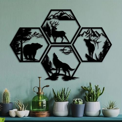 4pcs Hexagonal Wildlife Wall Sculptures Black Rustic Forest Decor