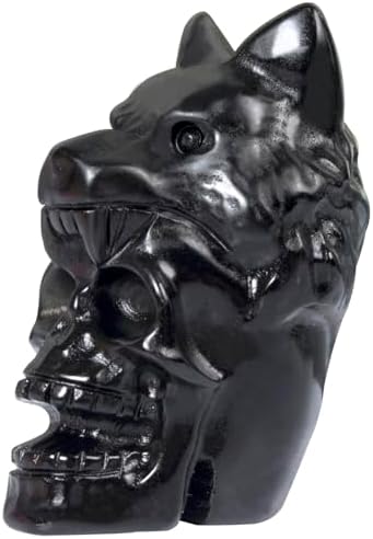217 Inch Black Obsidian Crystal Skull Wolf Head Statue Decor