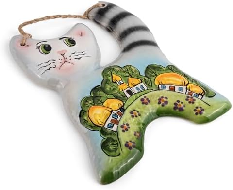 Stp Goods Cat and Village Ceramic Wall Hanging Decor