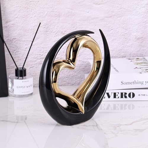 Ceramic Black Double Heart Statue - Elegant Wedding Decor