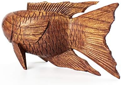 G6 Collection 8 Inch Wooden Hand Carved Koi Fish Statue