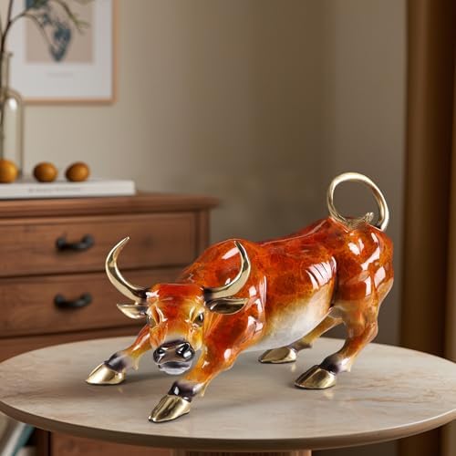 Wall Street Charging Bull Sculpture - Brass with Amber Finish and Gold Accents