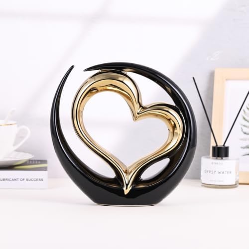 Ceramic Black Double Heart Statue - Elegant Wedding Decor