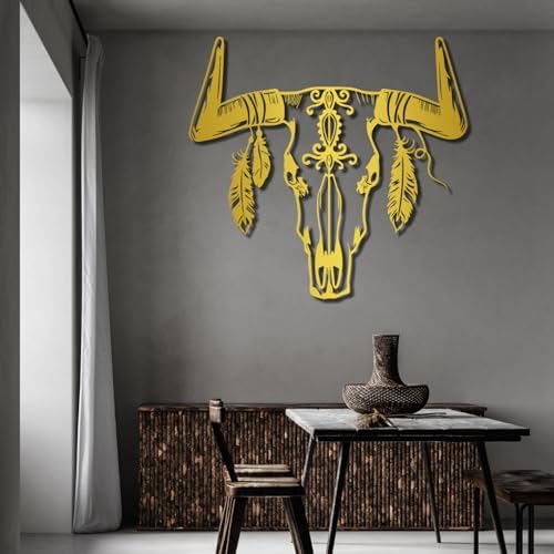 Aztec Cow Skull Wall Ornament - 19x17 Metal Decor