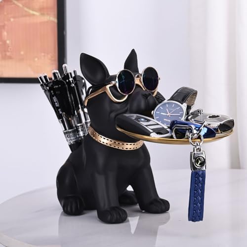Resin Black Bulldog Tray Statue for Keys and Jewelry