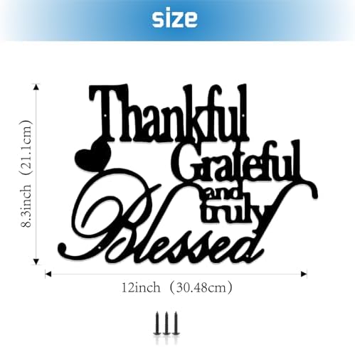 Thankful Grateful Blessed Wall Art 12 Inches Black Metal