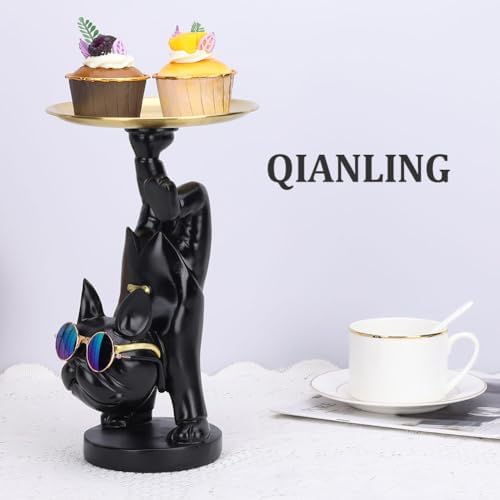 Resin Black Bulldog Statue with Tray for Keys and Jewelry