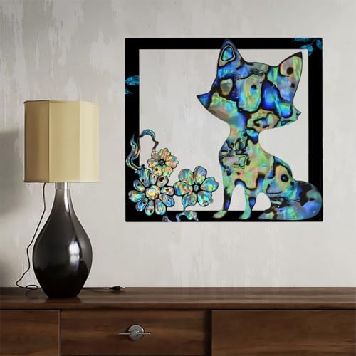 SMAN Holographic Cat Wall Art with Flowers Abstract Decor