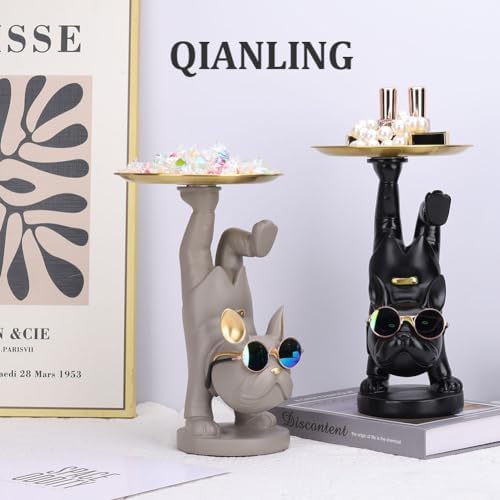 Resin Black Bulldog Statue with Tray for Keys and Jewelry