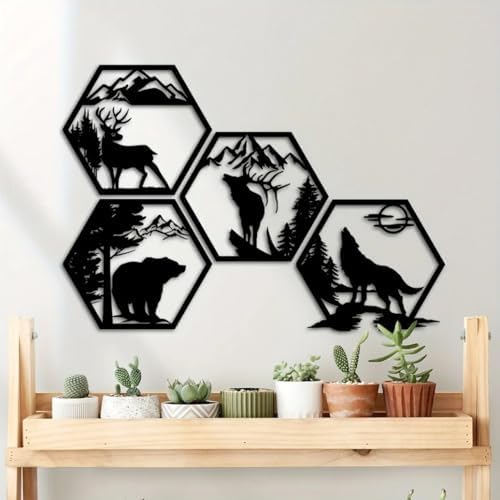 4pcs Hexagonal Wildlife Wall Sculptures Black Rustic Forest Decor