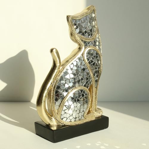 Lukitas Sitting Cat Figurine Gold Silver Mosaic Statue