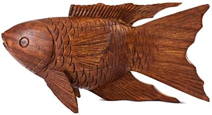 G6 Collection 8 Inch Wooden Hand Carved Koi Fish Statue