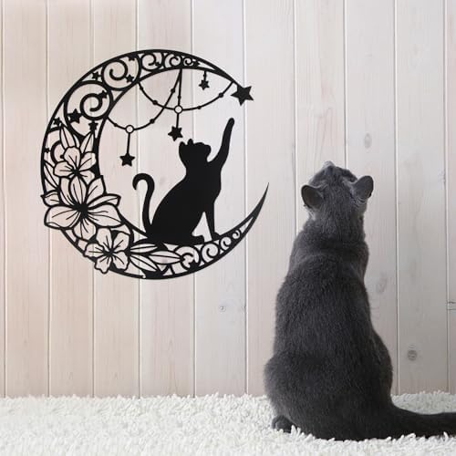 30 cm Black Metal Wall Art Cat Moon Stars Decoration
