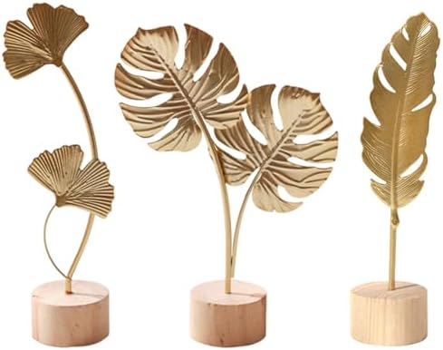 3PCS Gold Leaf Statues Modern Metal Art Sculptures with Base