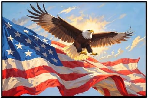Framed American Flag Wall Art with Eagle Modern Canvas Decor