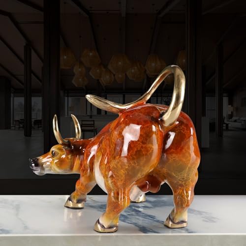 Wall Street Charging Bull Sculpture - Brass with Amber Finish and Gold Accents