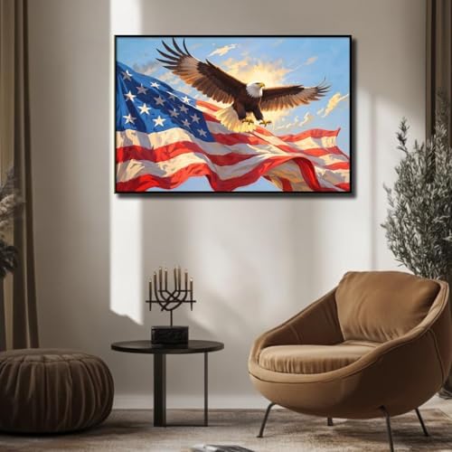 Framed American Flag Wall Art with Eagle Modern Canvas Decor