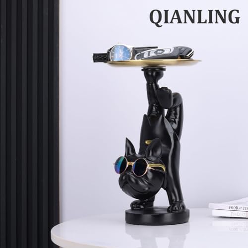 Resin Black Bulldog Statue with Tray for Keys and Jewelry