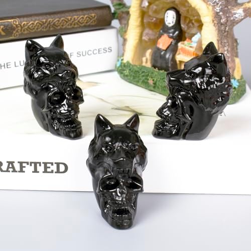 217 Inch Black Obsidian Crystal Skull Wolf Head Statue Decor