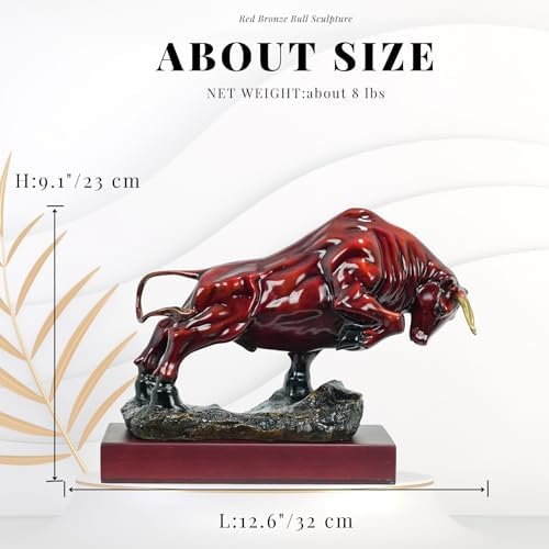 126 Inch Red Bronze Bull Sculpture with Wooden Base
