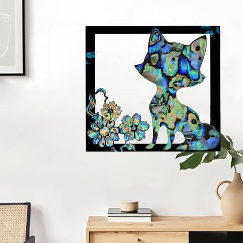 SMAN Holographic Cat Wall Art with Flowers Abstract Decor