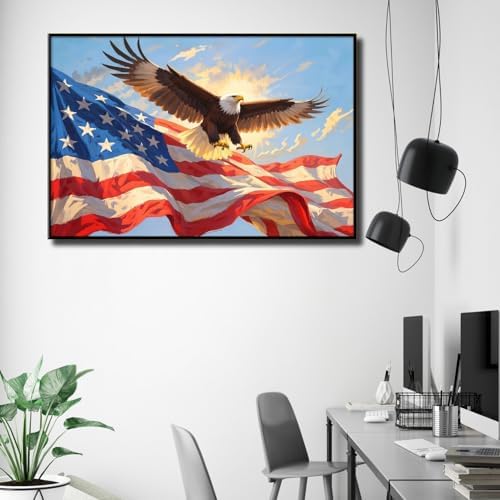 Framed American Flag Wall Art with Eagle Modern Canvas Decor