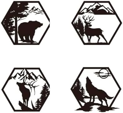 4pcs Hexagonal Wildlife Wall Sculptures Black Rustic Forest Decor