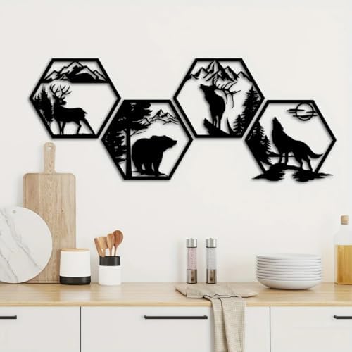 4pcs Hexagonal Wildlife Wall Sculptures Black Rustic Forest Decor