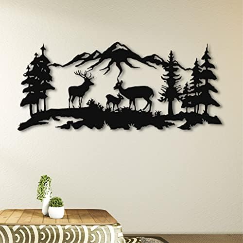 Black Metal Wall Art with Forest Deer Family Design
