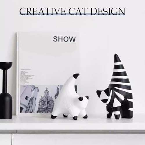 Abstract Ceramic Cat Figurines - Modern Black and White Striped Decor