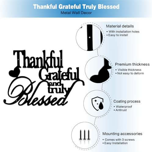 Thankful Grateful Blessed Wall Art 12 Inches Black Metal