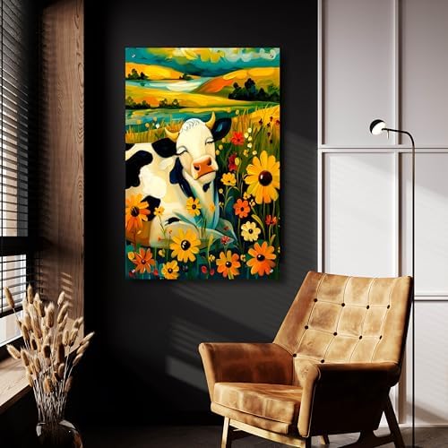 Whimsical Meadow Cow Serene Countryside Acrylic Wall Art 24x36