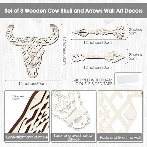 Blulu 3 Pcs Western Cow Skull Wall Decor with Arrows