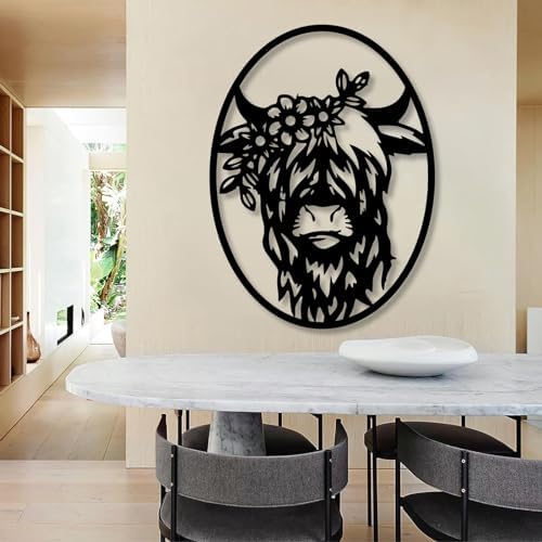 Rustic Highland Cow Wall Art Black 24x18 Metal Decor