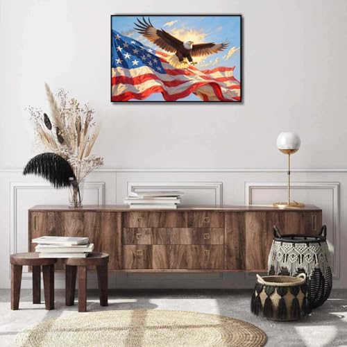 Framed American Flag Wall Art with Eagle Modern Canvas Decor
