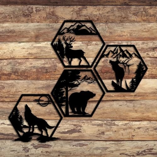 4pcs Hexagonal Wildlife Wall Sculptures Black Rustic Forest Decor
