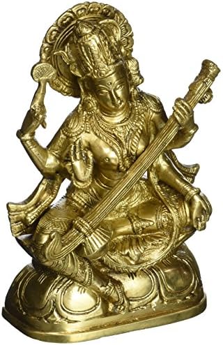 Goddess Saraswati with Veena Brass Statue Gold