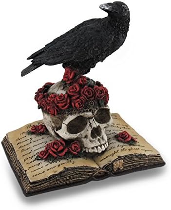 Zeckos Mystical Raven on Rose-Covered Skull Hand Painted Resin Statue