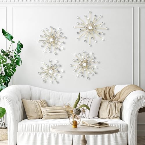 4 Pcs Gold Starburst Wall Decor with Rhinestones