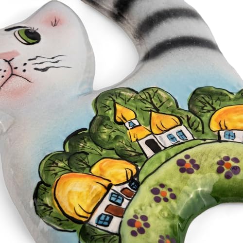 Stp Goods Cat and Village Ceramic Wall Hanging Decor