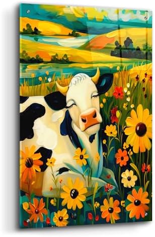 Whimsical Meadow Cow Serene Countryside Acrylic Wall Art 24x36